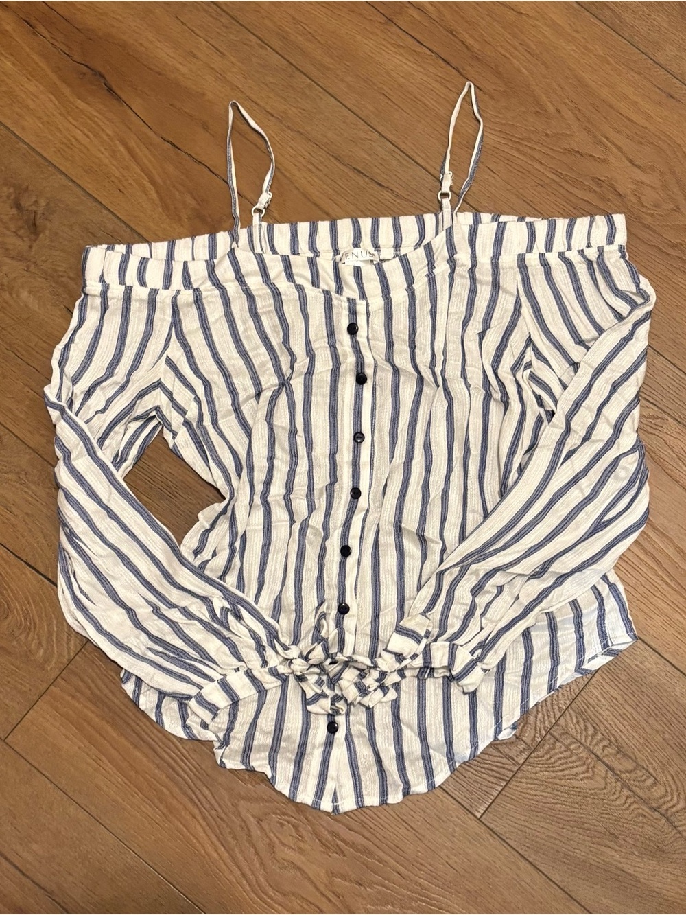 VENUS Blue and White Striped Off-Shoulder Top